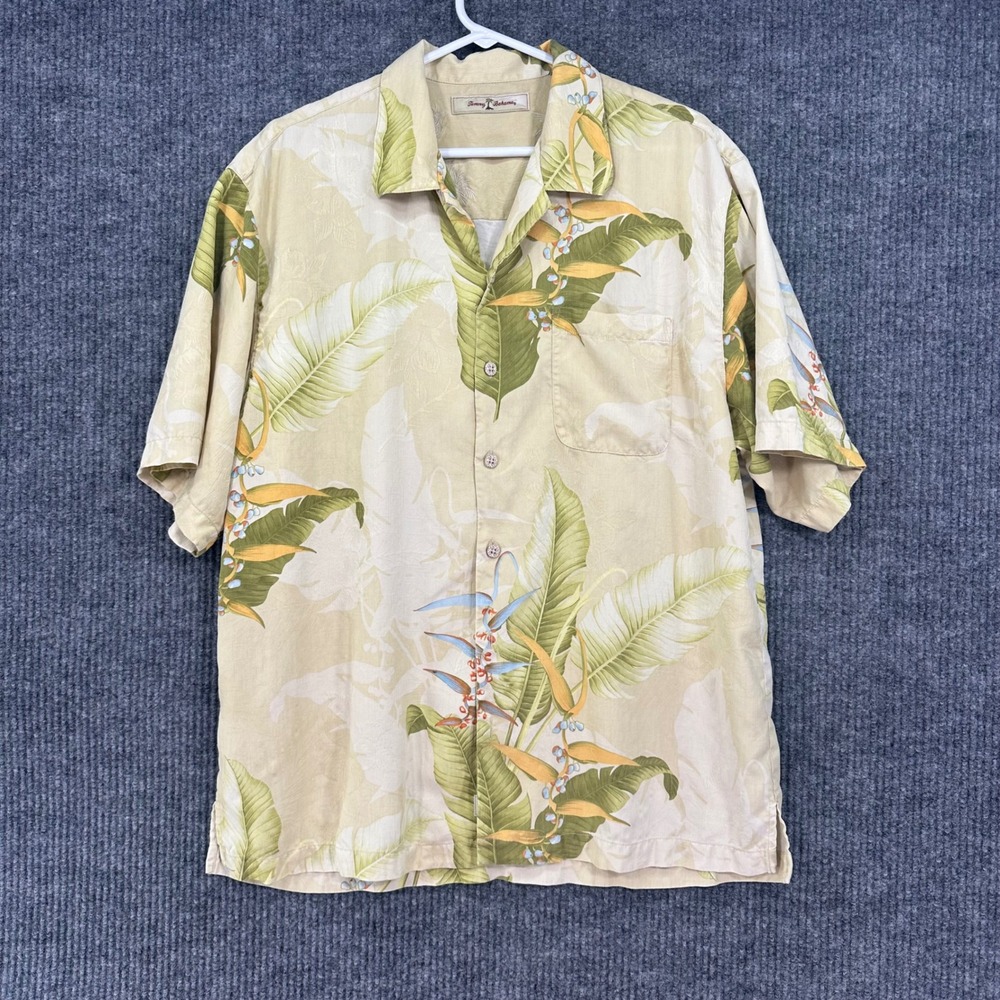 Tommy Bahama Silk Shirt Mens L Cream Tropical Bird of Paradise Excellent